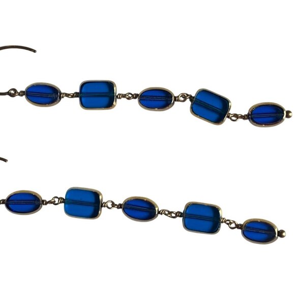 Long Blue Gold Dangle Earrings Clear Glass Ovals Rectangles Statement Elegant - Picture 5 of 6